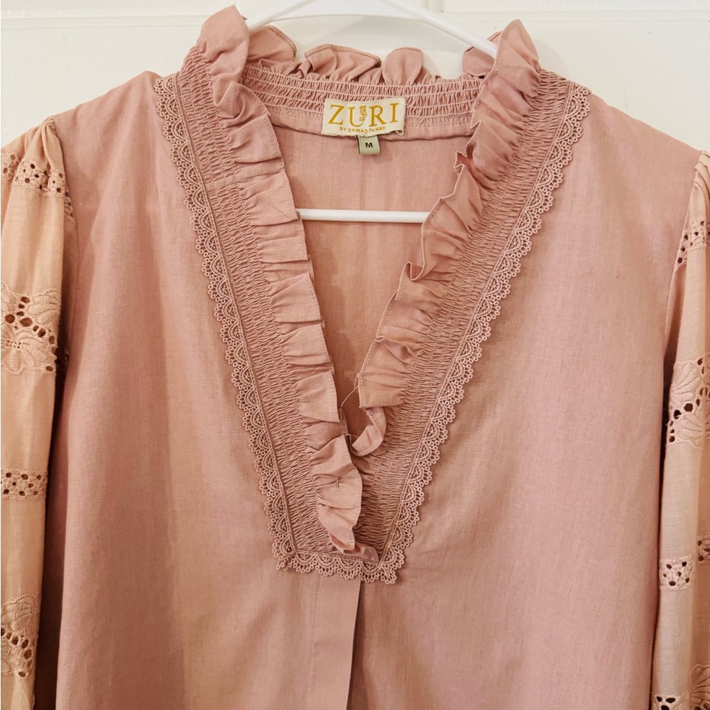 Pakistani designer Zuri Beige Ruffled shirt with trouser and dupatta